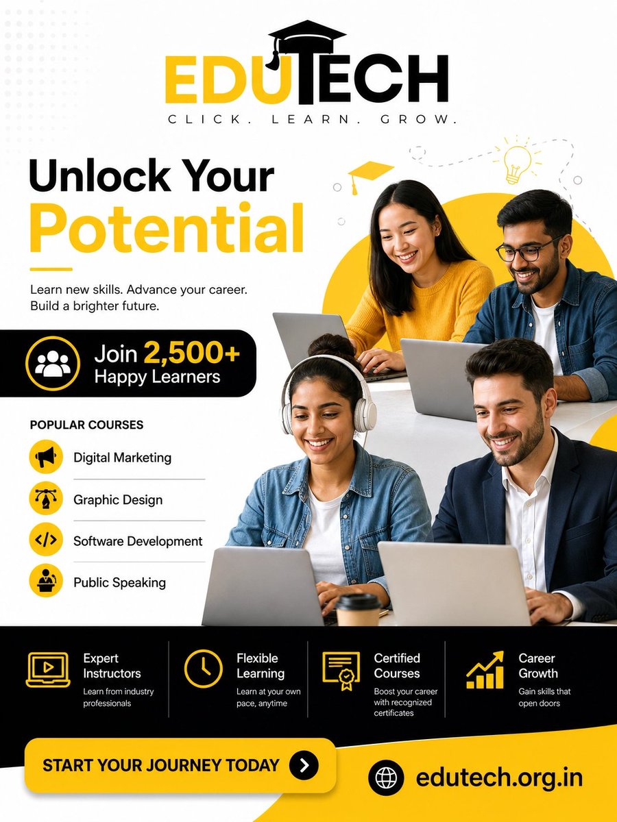 Edutechas's tweet image. Unlock Your Potential
Learn in-demand skills, get certified &amp;amp; grow your career with EDUTECH.Digital Marketing | Graphic Design | Development
Expert Instructors
Flexible LearningStart today: edutech.org.in#Edutech #OnlineLearning #SkillDevelopment