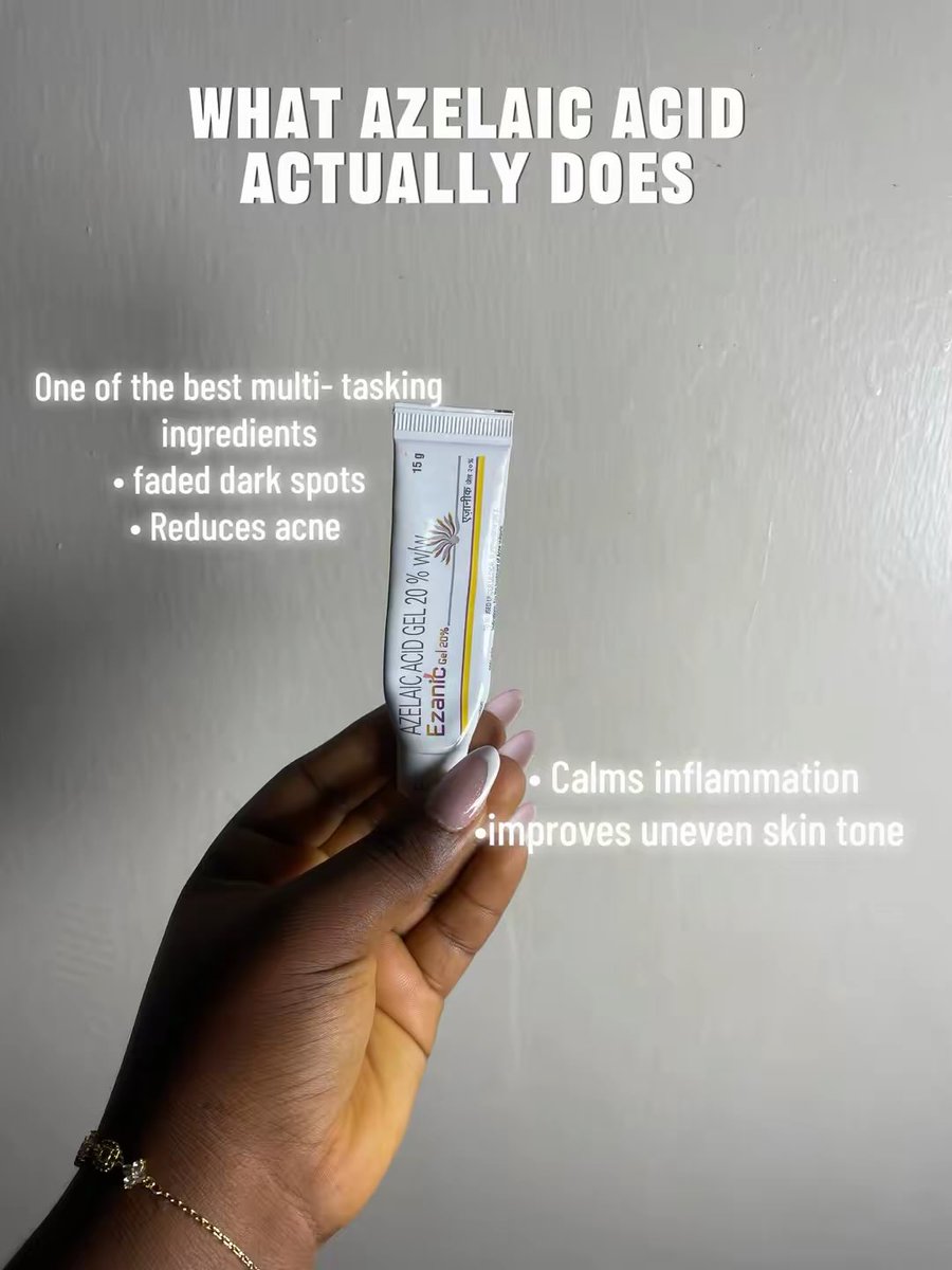 OlayemiKomolaf4's tweet photo. Azelaic acid is one of those ingredients that does more than one job - and does it well. 

If you’re dealing with acne, dark spots, redness, or uneven skin tone, this is an ingredient worth knowing about.

Azelaic acid helps to:
• Treat acne
• Fade post-acne dark spots (PIH)
• Calm inflammation
• Improve overall skin tone

It’s also one of the few actives that works well for both acne and hyperpigmentation at the same time.

Start slowly, stay consistent, and don’t forget your sunscreen - because results come with patience. 

Save this post so you remember how to use azelaic acid correctly.