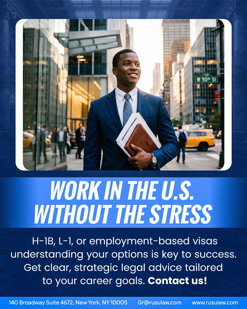 Ghenadi53943617's tweet image. WORK IN THE U.S. WITHOUT THE STRESS ⚖️🇺🇸

H-1B, L-1, or employment-based visas—understanding your options is key to success.

📞 Schedule your consultation: (347) 907-1248

#ImmigrationLaw #WorkInUSA #H1B #L1Visa #EmploymentVisa #LegalAdvice #ImmigrationHelp