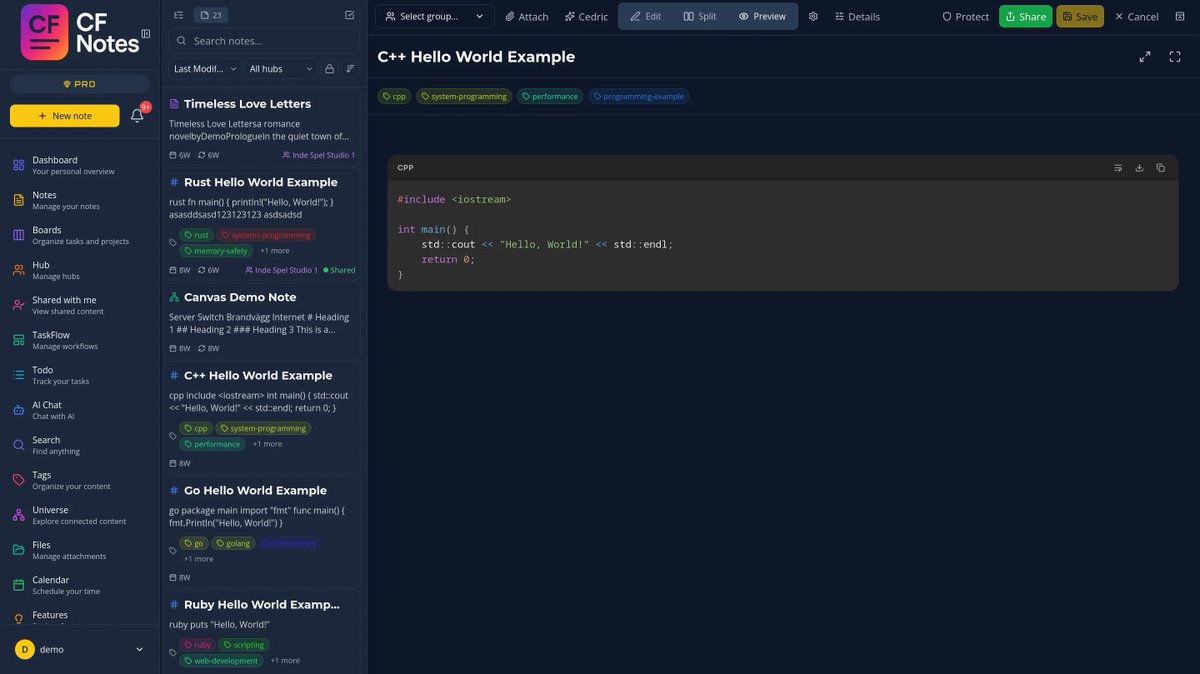 cfdigital_'s tweet photo. CF Note - All-in-one workspace for notes, projects &amp; knowledge
• Mind maps
• AI Assistant &amp; AI Chat
• Second Brain &amp; PKM
• Powerful Markdown + Rich editor
• Task &amp; project management  Clean, fast and beautiful. Stop switching between 5 different tools.