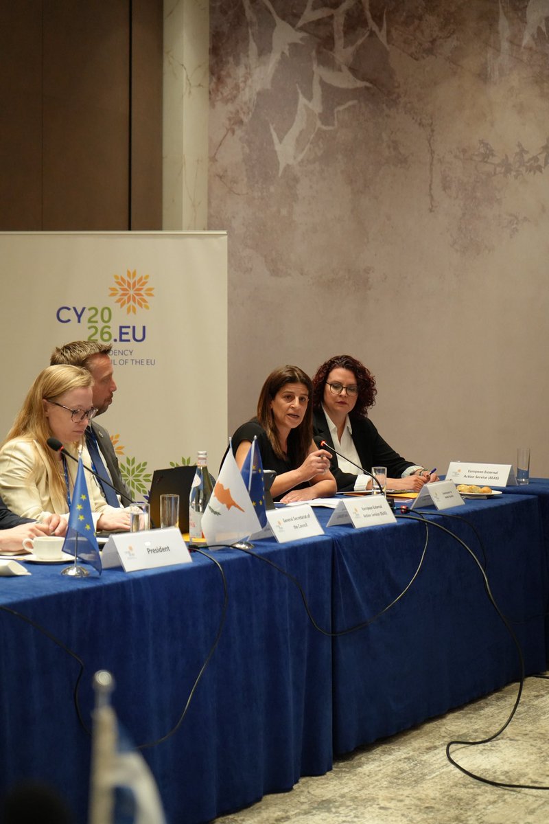 CyprusMFA's tweet photo. @CyprusMFA hosted the CivCom Informal Meeting in Ayia Napa, 20-21 April 2026. 

Topics discussed: Women, Peace and Security Agenda and Cultural Heritage Protection within civilian Common Security and Defence Policy. 

@CommissionerGE  and the Director of the Centre of Excellence for Civilian CSDP participated as panelists in the thematic discussion on WPS.

@CY2026EU