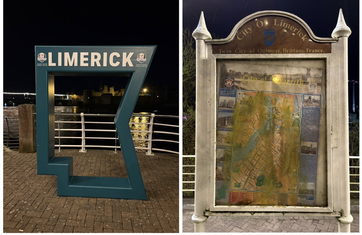 FearStairLmk's tweet image. A tale of two signs in two small parks about 120 metres from each other. One is shiny and new and was installed recently, the other is old and dirty and hiding in plain sight. One celebrates a sporting tournament, one honours links between two countries. #Limerick