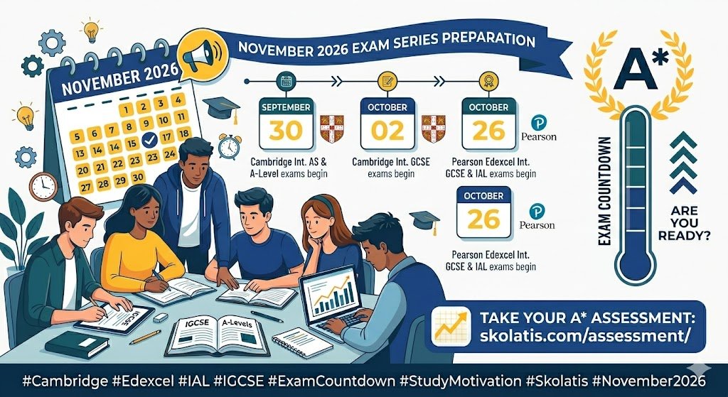 IGCSECentre's tweet image. 📢 November 2026 Exam Series   

📍 Key Dates to Remember: 
✅ September 30, 2026 
✅ October 02, 2026 
✅ October 26, 2026

Full details here: t.me/skolatis

Start revision here: skolatis.com/revision-cours… 

#Cambridge #Edexcel #IAL #IGCSE #Skolatis #November2026