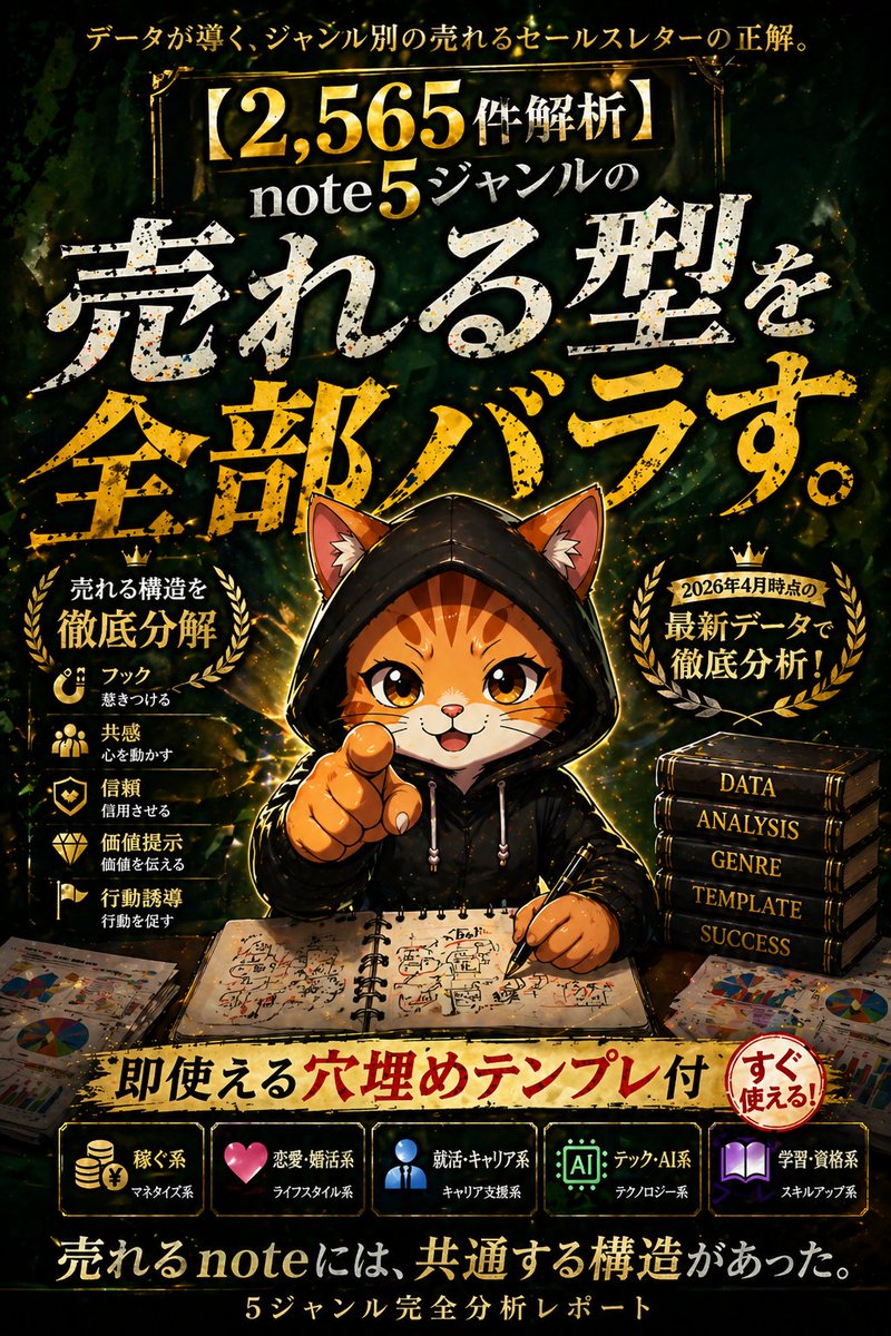 nekomaru_note's tweet photo. 【告知】
2565件のnoteデータを分析して判明した、5ジャンル別の「売れるセールスレターの正解」を明日、全部バラします。
​
1.稼ぐ系
2.恋愛・婚活系
3.就活・キャリア系
4.テック・AI系
5.学習・資格系

​穴埋めテンプレ付きなので、すぐに書き始めてください。綺麗事なしで、市場データから得られた答えです。

フォローしてお待ちください😺
