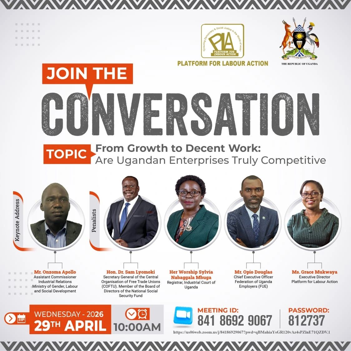 pla_ug's tweet image. 🔴 LIVE NOW!
Are Ugandan enterprises truly competitive?

Join the conversation on Growth vs Decent Work happening right now.

⏰ Tune in &amp;amp; be part of it!
Zoom link:us06web.zoom.us/j/84186929067?…

#DecentWork #Uganda #LiveNow #LabourWeek