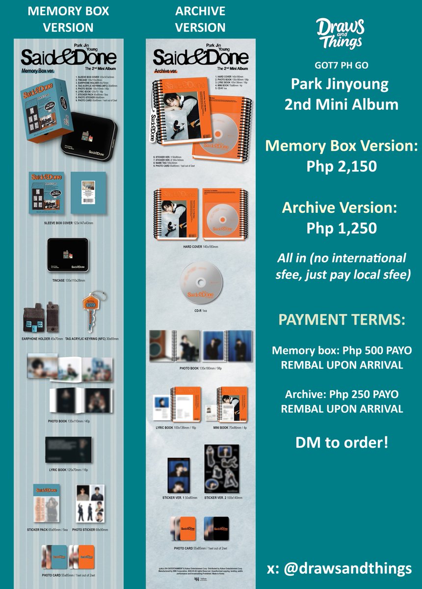 drawsandthings's tweet photo. Wts lfb got7 park jinyoung ph go 🇵🇭

✨Claiming post open!✨

PRICE LIST: (all in, no international shipping fee)
Memory Box version: Php 2,150
Archive version: Php 1,250

TERMS:
1) DM me with "Mine + (version) + (quantity). Reply "Claiming!" on this post after so I can check.
2) When I reply "yours", your order is confirmed. NO backing out.

Payment terms: PAYO Php500 for Memory box, Php250 for Archive
Remaining balance upon arrival

This is a pre-order item. Album will be released on May 13 and will arrive in the Philippines early June. Updates will be provided in GC.

💚As with all my GOs, album-related custom freebies will be given to all joiners!

Modes of Payment: Gcash, Maya
Shipping: JnT

Limited slots available! Secure yours now! ✨