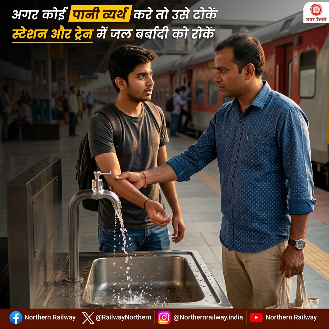 drm_umb's tweet image. स्टेशन और ट्रेन में यदि कोई अनावश्यक पानी बर्बाद करता दिखे, तो विनम्रता से उसे जागरूक करें। 

याद रखें, आपकी छोटी-सी पहल दूसरों को भी जिम्मेदार बनने के लिए प्रेरित कर सकती है।

#SaveWater #ResponsbileRailYatri