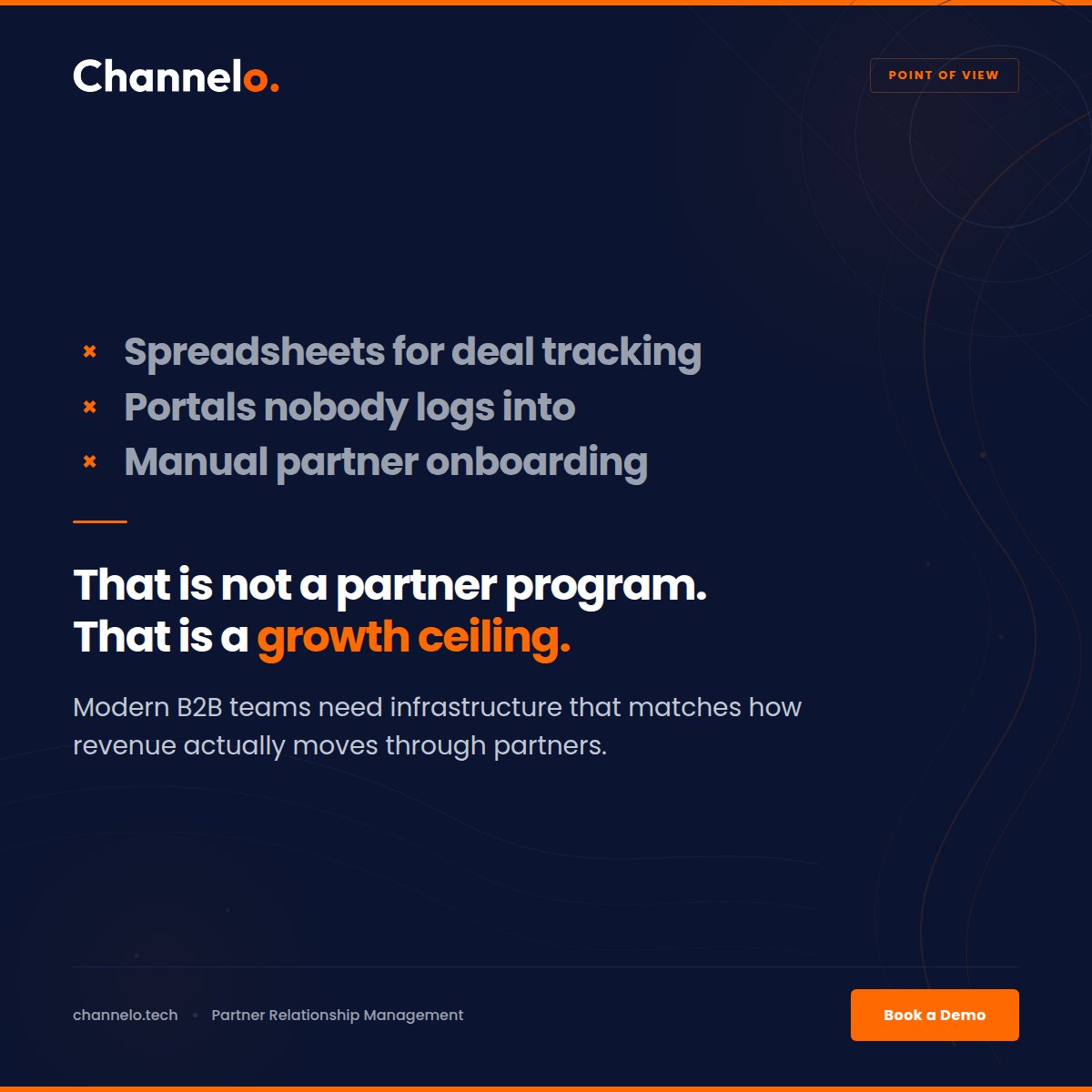 ChanneloTech's tweet photo. Spreadsheets for deal tracking. 
Portals nobody logs into. 
Manual onboarding. 
That is not a partner program. 
That is a growth ceiling. 

https://t.co/hjruXYWg97
#PRM #PartnerEnablement #B2BSaaS https://t.co/K741fGFjXh