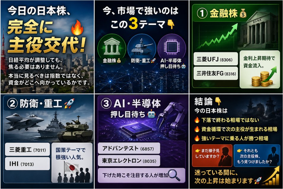 【今日の日本株、完全に主役交代🔥】

日経平均が調整しても、焦る必要はありません。
本当に見るべきは指数ではなく、資金がどこへ向かっているかです。
今、市場で強いのはこの3テーマ👇

① 金融株💰
三菱UFJ（8306）
三井住友FG（8316）

👉 金利上昇期待で資金流入。
② 防衛・重工🚀