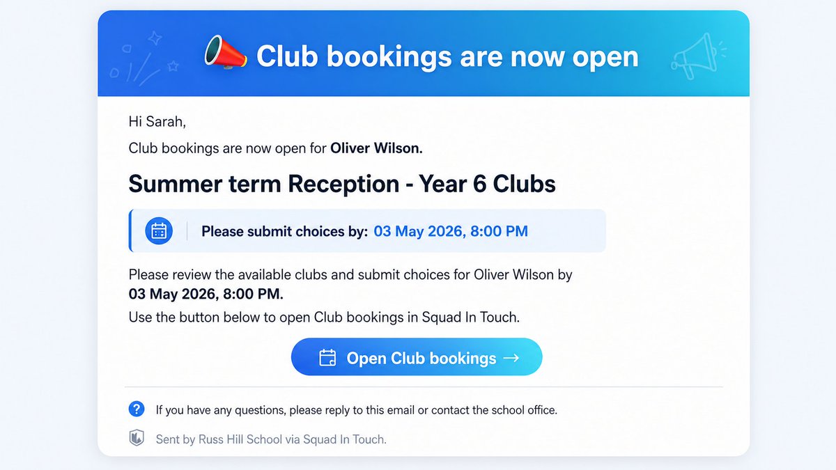 squadintouch's tweet photo. As a school parent, there's nothing worse than missing the window to book your child into a club. Squad In Touch now sends automatic notifications when booking opens — and reminders before it closes. No more "I didn't know" conversations. https://t.co/hObcHe5Abd https://t.co/p7nZWEkYgU