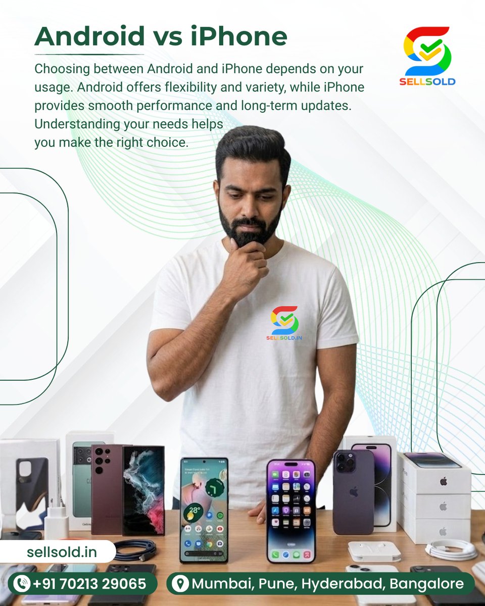 Sellsoldind's tweet image. Android vs iPhone.
.
Flexibility or smooth performance?
Choose based on usage, not hype.
.
🌐 sellsold.in
📞 +91 70213 29065
.
.
#AndroidVsIPhone #TechTips #SmartChoice