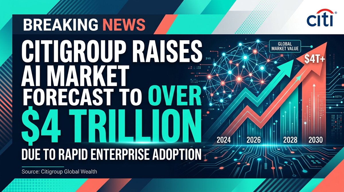 kidtsang's tweet image. Citigroup just raised its AI market forecast to $4 TRILLION. Enterprise adoption is accelerating faster than anyone predicted. The race for AI workflow integration just got real. #AI #SaaS #TechNews #ArtificialIntelligence #Innovation