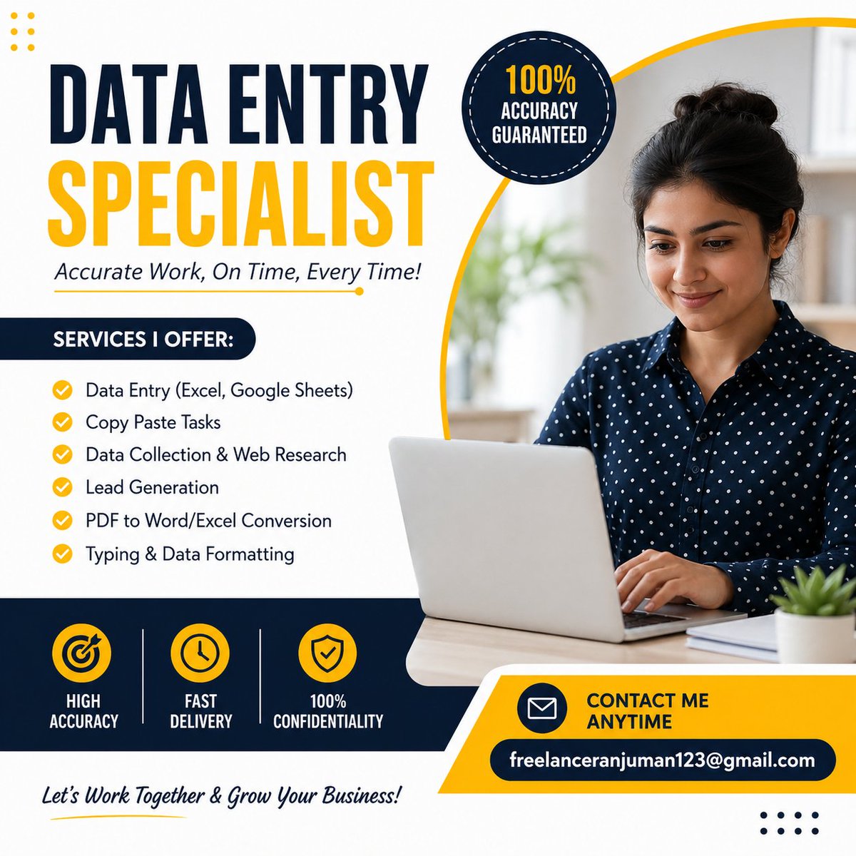 Freelancer43344's tweet image. 💻 Data Entry Specialist Available!
✔ Fast &amp;amp; Accurate Work
✔ Excel | Google Sheets | Lead Generation
📧 freelanceranjuman123@gmail.com
Let’s work together 🤝
#DataEntry #Freelancer #RemoteWork #VirtualAssistant