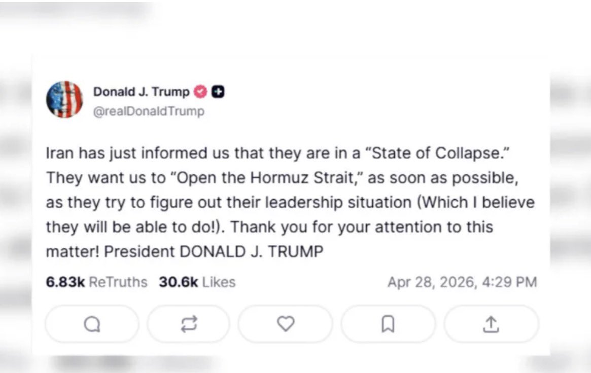 🚨 TRUMP: “IRÃ ESTÁ EM COLAPSO”

Trump afirmou que o Irã informou aos EUA que está em um “estado de colapso” e quer reabrir o Estreito de Hormuz o mais rápido possível.  

Estamos próximos de um Irã livre?