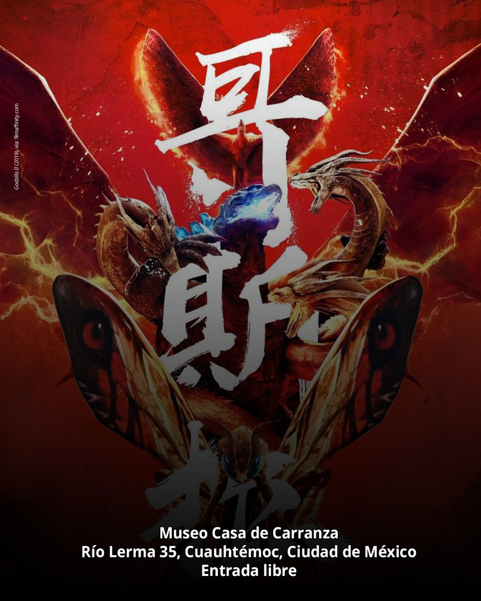 MCCarranzaINAH's tweet image. Noche de Museos Proyección
Godzilla 2: Rey de los monstruos
(EE. UU., 2019, 131 min)
Dir. Michael Dougherty
Miércoles 29 de abril, 2026
19 h
Museo Casa de Carranza INAH
Río Lerma 35, Cuauhtémoc, CDMX
Entrada libre. Cupo limitado
#INAH #Agenda #Mes #MCCINAH #Museo #Museos #Museos