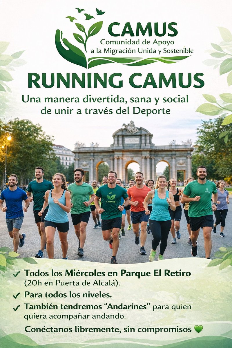 comunidadcamus's tweet image. 💚 CAMUS SE PONE LAS ZAPATILLAS 💚
• Todos los MIÉRCOLES te invitamos a que nos acompañes a sumar kilómetros solidarios con CAMUS 💚😊 a las 20h (8pm) en Puerta de Alcalá
#CAMUS #Running #Madrid