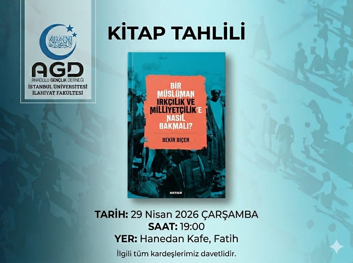agdiuilahiyat's tweet photo. Kardeşlerimiz ile birlikte 'Bir Müslüman Irkçılığa ve Milliyetçiliğe Nasıl Bakmalı?' isimli kitabın tahlilini gerçekleştireceğiz. Tüm kardeşlerimizi kitap tahlilimize bekleriz.

🗓 29 Nisan 2026, Çarşamba
⏰ 19:00
📍 Hanegah Kafe https://t.co/VOY4k8lYKq