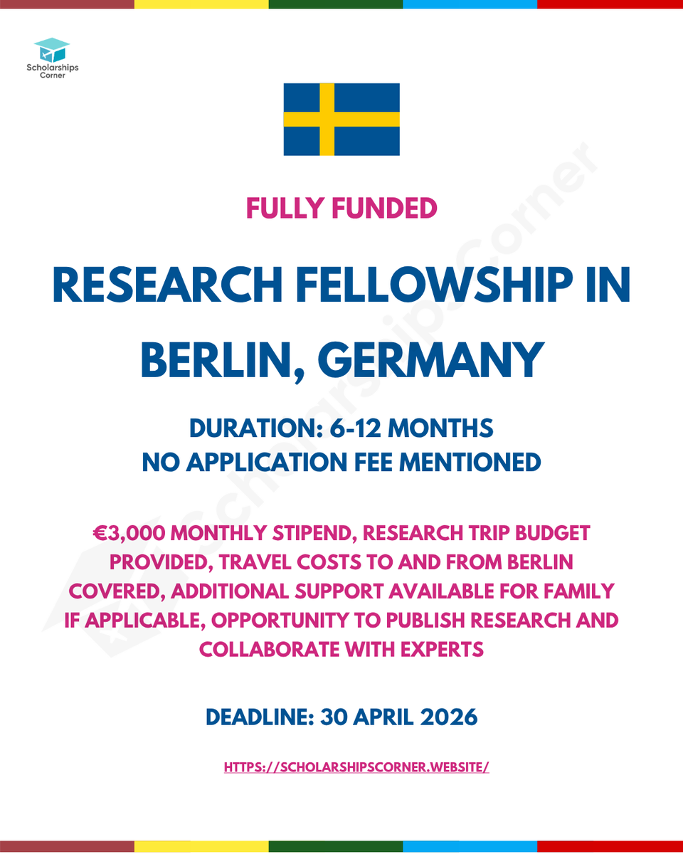 scholar_corner's tweet photo. CATS Fellowships 2026-2027 (Fully Funded Research Fellowship in Germany) 

The Centre for Applied Turkey Studies (CATS) is offering funded fellowships for researchers and professionals working on Turkey-related topics.

Link: https://t.co/P8U4HQI1zJ

Benefits:

• €3,000 Monthly Stipend
• Research Trip Budget
• Travel Costs Covered (to/from Berlin)
• Additional Support (for family, if applicable)
• Opportunity to publish research 

Deadline: 30 April 2026

Credit: CATS at SWP (Centre for Applied Turkey Studies, Germany)
Disclaimer: This post is for informational purposes only. Scholarships Corner does not own or manage the opportunities shared. Please verify details on the official website before applying

#ScholarshipsCorner #catsfellowship #scholarship #ResearchScholars #ResearchFellowship