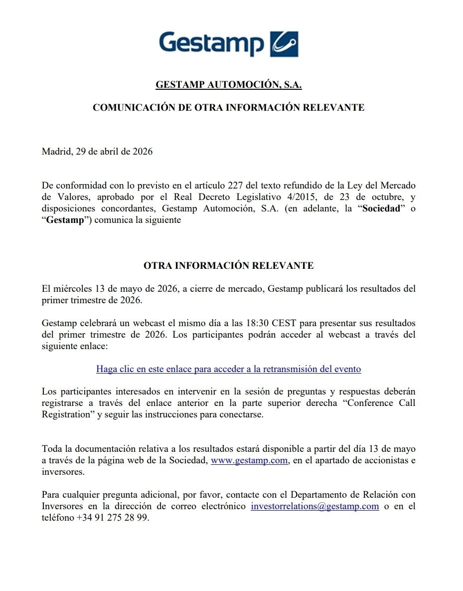 iparatx's tweet photo. La automotriz @gestamp comunicará los resultados del 1T2026 el miércoles 13 dd mayo a cierre de mercado
$Gest #Gestamp https://t.co/YknrI3ucXh