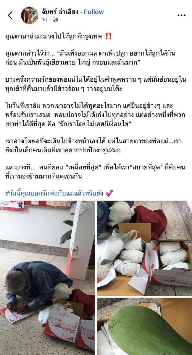 ความรักของพ่อแม่ บางทีก็ไม่ได้มาในรูปแบบคำพูดหวานๆ แต่มาจากสิ่งที่เค้าทำจริงๆ

ระยะทางอาจจะไกล แต่ความห่วงใยของพ่อแม่ส่งถึงเราเสมอ... เกราะป้องกันที่ดีที่สุดในชีวิต 😍🤍