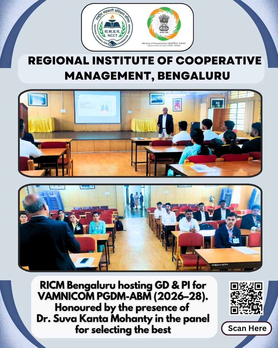 BangaloreR46958's tweet image. RICM Bengaluru hosted GD &amp;amp; PI for VAMNICOM PGDM-ABM (2026–28), guided by an esteemed panel including Dr. Suva Kanta Mohanty.#ricmbengaluru #IYC2025 #NCCT #minofcooperation #AmitShah #SahakarSeSamriddhi #ICM  #VAMNICOM #PGDMABM #GDPI #LeadershipDevelopment