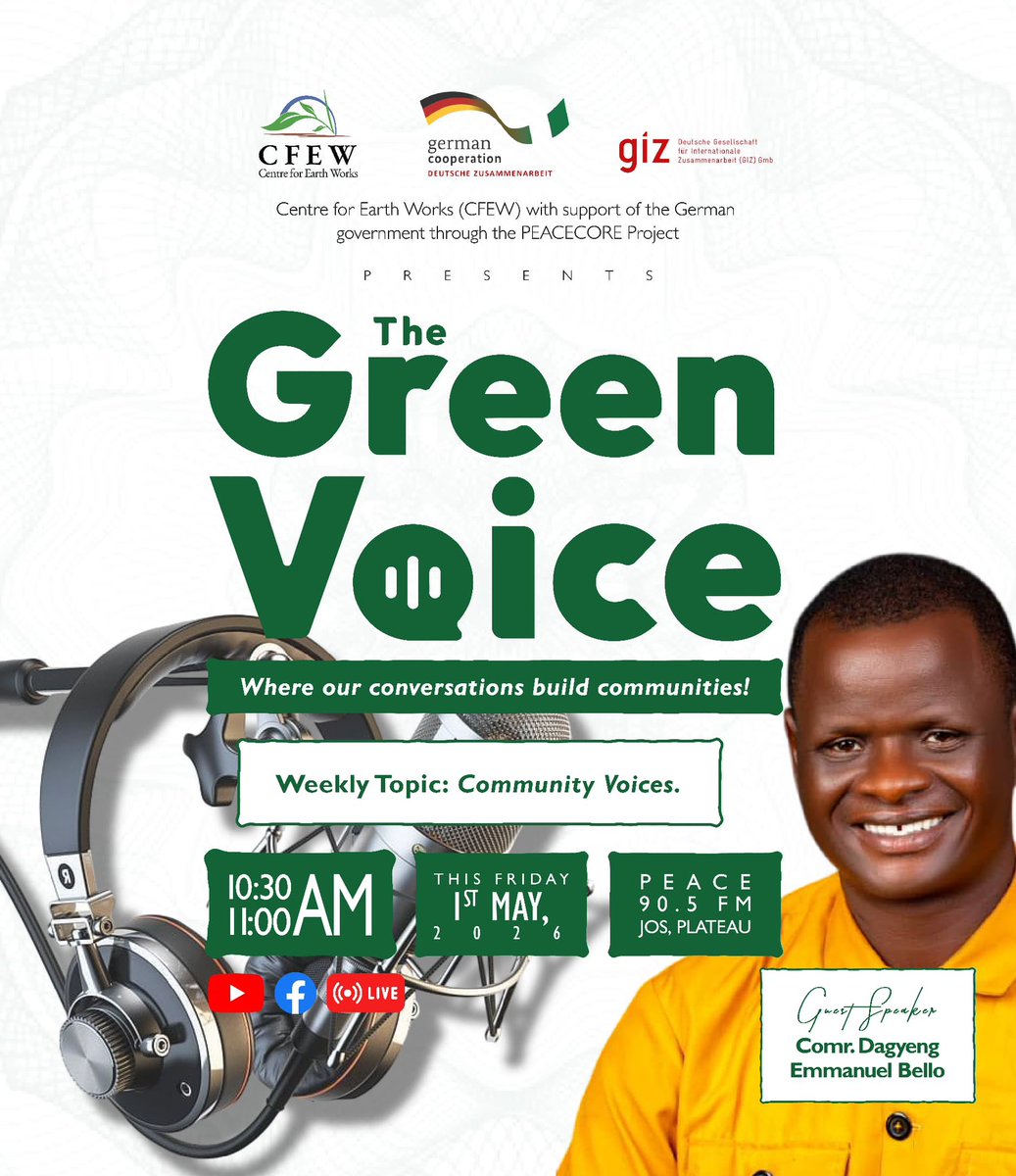_CFEW's tweet photo. 🎙️ Join us this week on The Green Voice as we spotlight the power of local action and community leadership.

Our guest is Comr. Dagyeng Emmanuel Bello, a key focal person with the ClimRes Project. 

📍Watch us LIVE on Facebook @CentreforEarthWorks
📺 Catch up later on YouTube. https://t.co/bVJnx5bnd2
