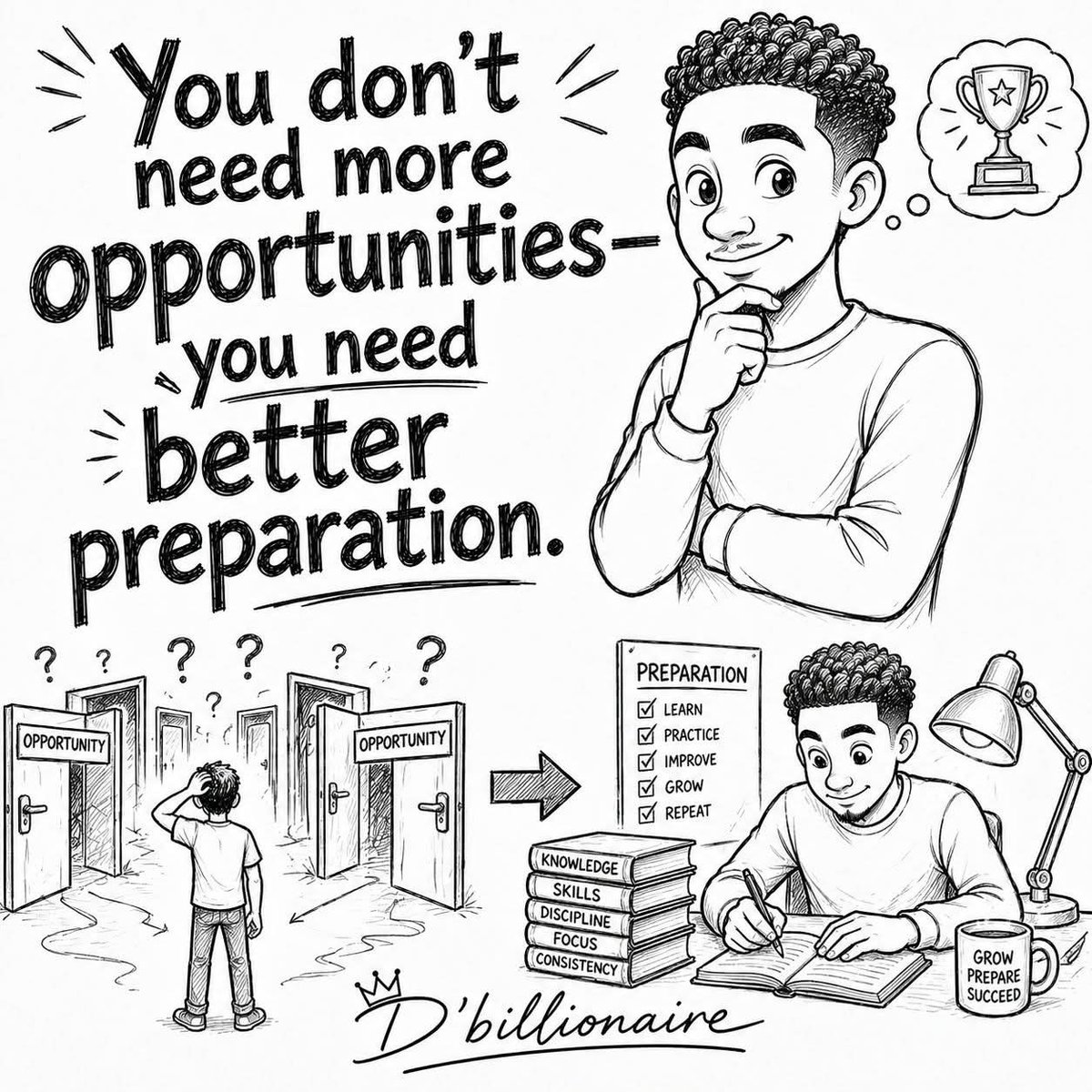 DaddyKayNation1's tweet photo. You don’t need more opportunities… you need better preparation.

Most people are waiting for a big break...But the truth is opportunities come every day.

The Real problem?
You’re not ready when they show up.

Opportunity doesn’t change your life…Preparation does.

Because when preparation meets opportunity, Success is inevitable.

☑️While others are complaining,
You should be learning.
☑️While others are waiting,
You should be building.
☑️While others are wishing,
You should be preparing.

📍Read more.
📍Practice more.
📍Improve your skills.
📍Grow your mindset.

So that when the door finally opens…
You won’t panic—you’ll perform.