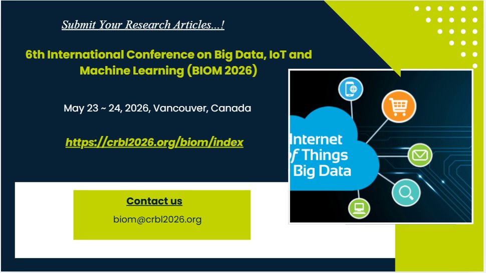 hele51917's tweet image. #BigData #IoT #MachineLearning
6th International Conference on Big Data, IoT and Machine Learning (BIOM 2026)
May 23 ~ 24, 2026, Vancouver, Canada

Web Page URL : crbl2026.org/biom/index

Submission URL : comit2026.org/submission/ind…
Contact Us : biom@crbl2026.org