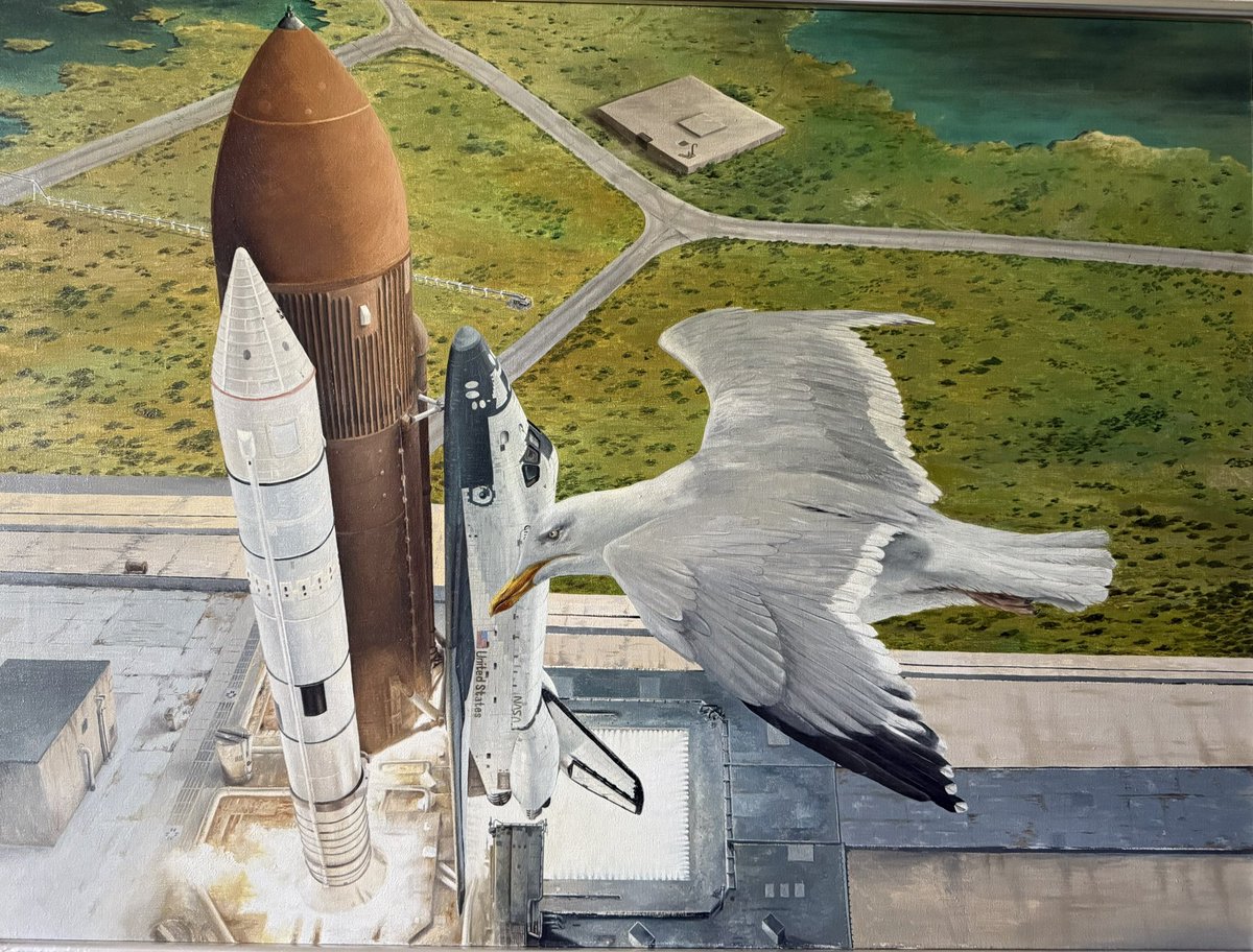 ReinBijlsma's tweet image. Even wat ruimte creëren in mijn werkkamer. Ik vond nog dit schilderij wat ik maakte n.a.v. van de ramp met de #Challenger #Spaceshuttle. Het is overigens nog te koop. Olieverf op doek. 😎 #kunst
