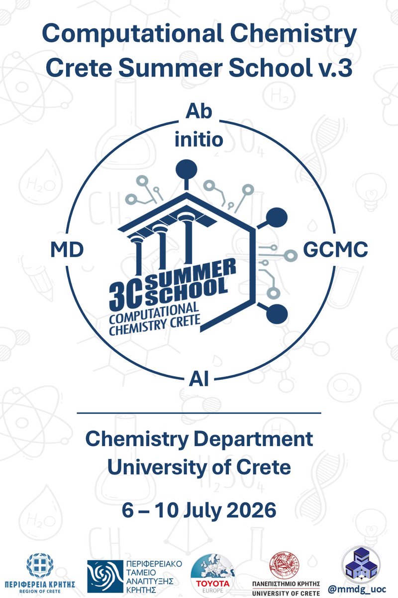 mmdg_uoc's tweet image. 🚀Computational Chemistry Crete Summer School is back!
Join us in Heraklion, Crete
💻Computational Chemistry
🤖AI &amp;amp; ML
📊Simulations &amp;amp; Programming
Free participation | Limited spots
Deadline: May 31, 2026
Apply: forms.gle/W1NF4ok6Wk5HfT…
#ComputationalChemistry #SummerSchool #AI
