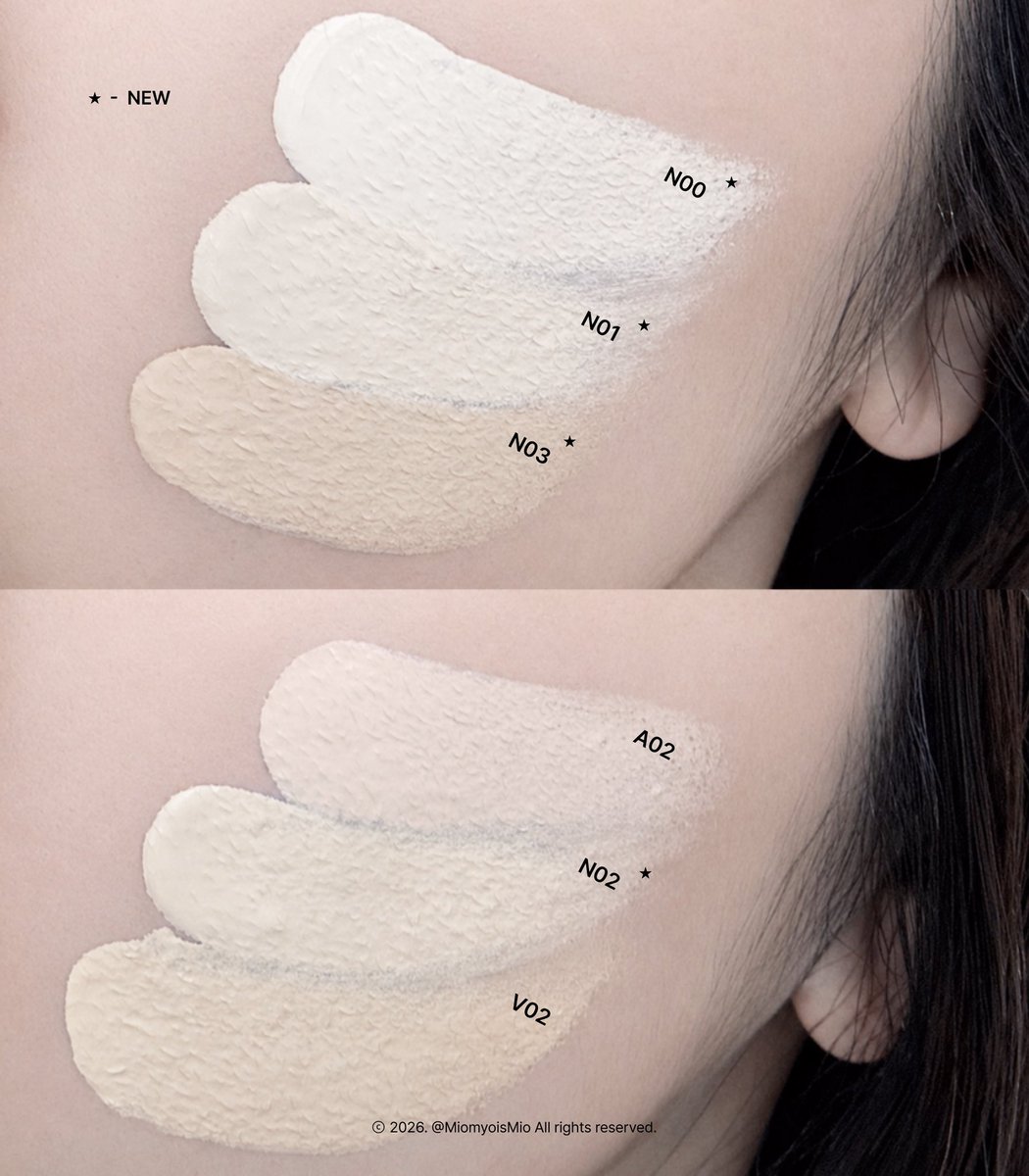 총 4가지 호수로 구성되어 있으면서,
4가지 쉐이드 모두 채도만 싹 빠져서
밝기는 기존 제품과 비슷한 편이에요〰

N00 - 15호  /  N01 - 17-19호
N02 - 21호  /  N03 - 23호

특히 21호에 해당하는 기존의 A02, V02와
신상 N02를 함께 비교해봤는데
진짜 확실히 핑크, 옐로우끼가 거의 없는 편!!