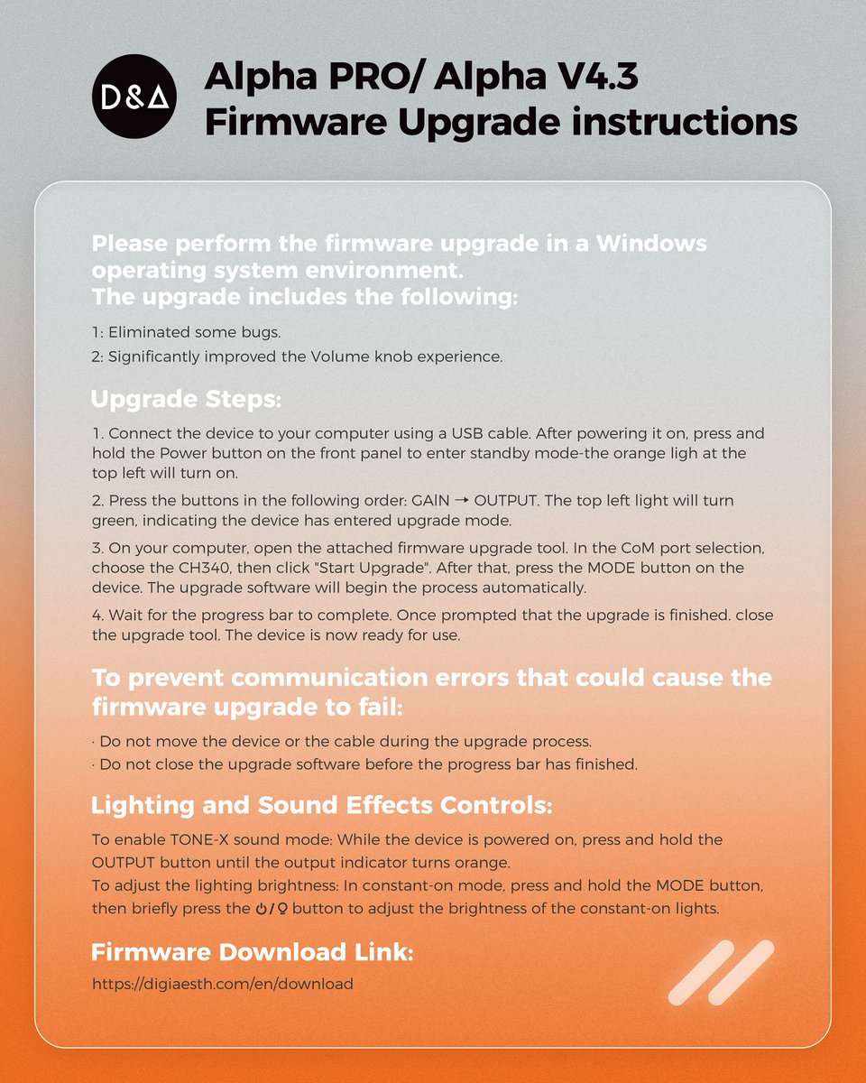 Digi_Aesth's tweet photo. “Alpha Series” Firmware Update Notice

This firmware update (V4.3) includes the following improvements:

1、Eliminated some bugs.
2、Significantly improved the volume knob experience.

Upgrade to unlock a more “advanced” audio experience. D&amp;A thanks you for your support.

#Alpha https://t.co/EibZSSwyMY