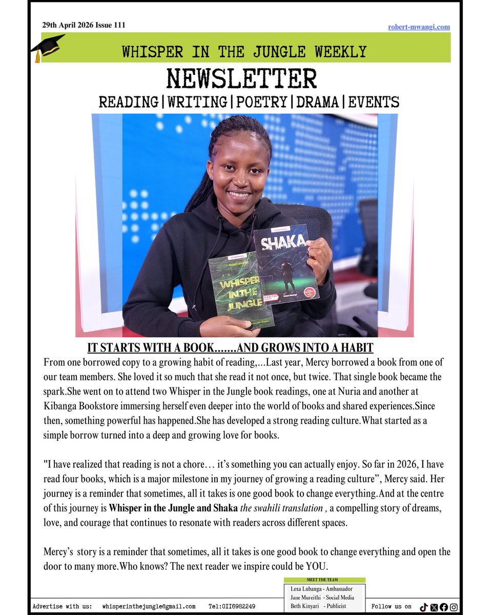 WhisperJungle's tweet photo. How to succeed as a writer in Kenya.Are you a writer, poet, or book lover in Kenya?Here is your Weekly Newsletter.Join our community of passionate readers, writers, and poets as we explore the world of words.
@rafinkiofficial @Lexa_Lubanga
#whisperinthejunglebook #ReadingCulture https://t.co/B30NqizjoW