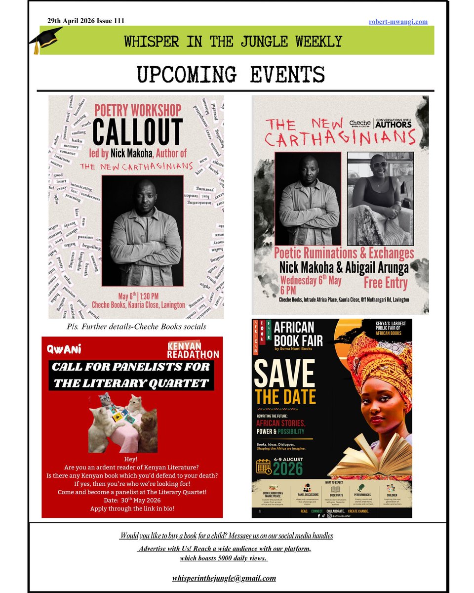 WhisperJungle's tweet photo. Don't miss out on upcoming events, book readings, book launches and signings, poetry sessions,book fairs &amp; workshops, writing competitions happening near you. 

Author Robert Mwangi started this weekly newsletter because when he was writing, there was nobody to guide him. https://t.co/8OB1zPeyT0