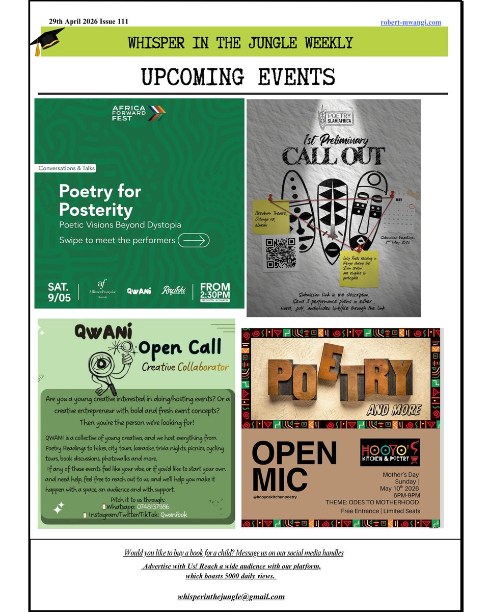 WhisperJungle's tweet photo. Don't miss out on upcoming events, book readings, book launches and signings, poetry sessions,book fairs &amp; workshops, writing competitions happening near you. 

Author Robert Mwangi started this weekly newsletter because when he was writing, there was nobody to guide him. https://t.co/8OB1zPeyT0