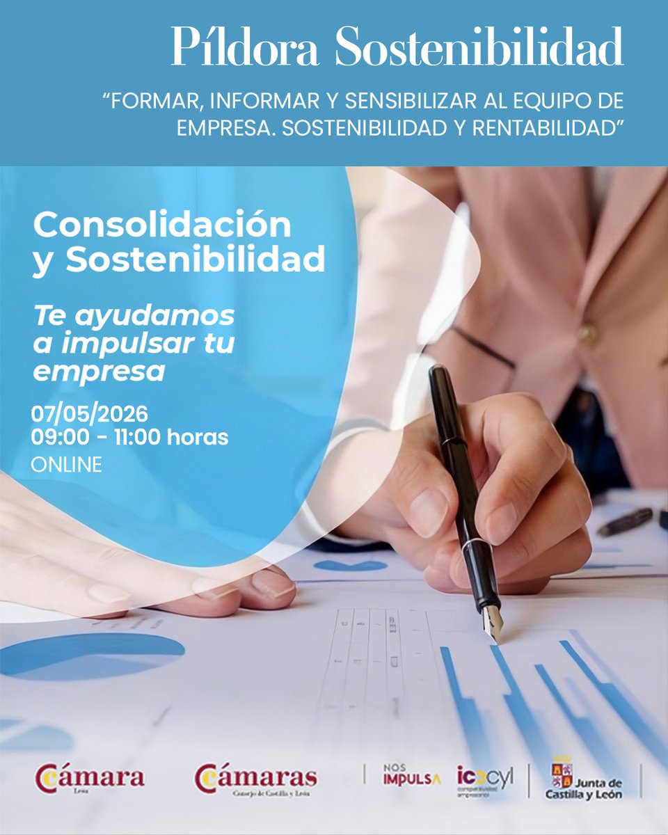 ccomercioleon's tweet image. 👨‍💼👩‍💼Implanta en tu #pyme un modelo más sostenible. Apúntate a la píldora online gratuita "FORMAR, INFORMAR Y SENSIBILIZAR AL EQUIPO DE EMPRESA. SOSTENIBILIDAD Y RENTABILIDAD".
📆 07/05
⏰ 09:00 hs.
Con @empresasjcyl y @camarascyl.
Inscríbete en ⤵️
camaraleon.com/event/pildora-…