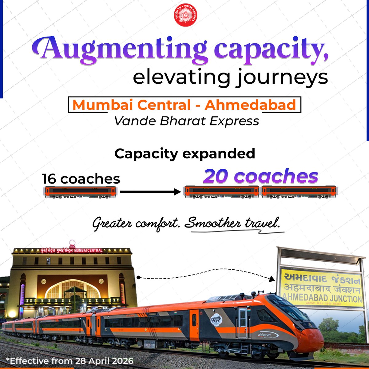 DRMBRCWR's tweet photo. भारतीय रेल ने मुंबई सेंट्रल - अहमदाबाद #VandeBharatExpress की क्षमता 16 से बढ़ाकर 20 कोच कर दी है, जिससे यात्रियों की सुविधा और यात्रा अनुभव में और अधिक सुधार होगा।

#VandeBharatExpress #RailUpdates #PassengerComfort #RailwayNews #IndiaOnTheMove #WRUpdates #Westernrailways #Vadodaradivision