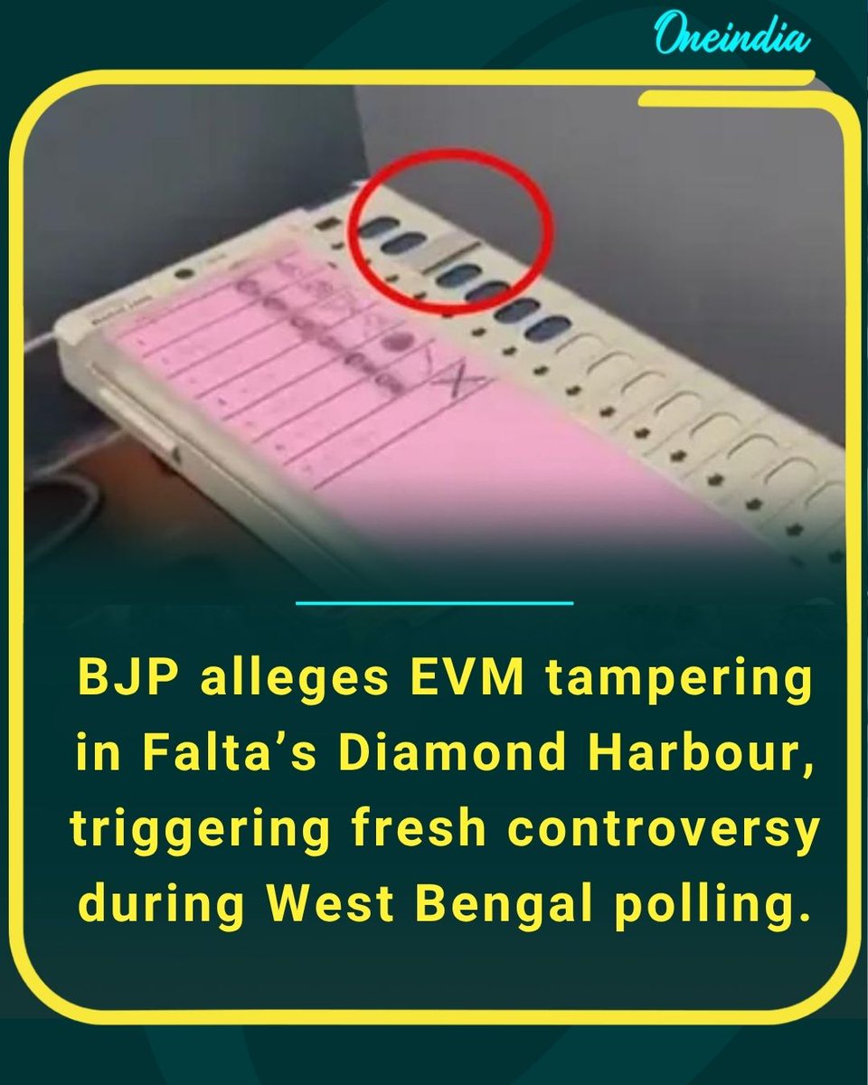 Oneindia's tweet image. Allegations rock Bengal polls as claims emerge of EVM buttons being tampered in Diamond Harbour’s Falta, sparking a political storm during crucial voting hours.

#BengalElections2026 #Election2026 #PoliticsToday #OI