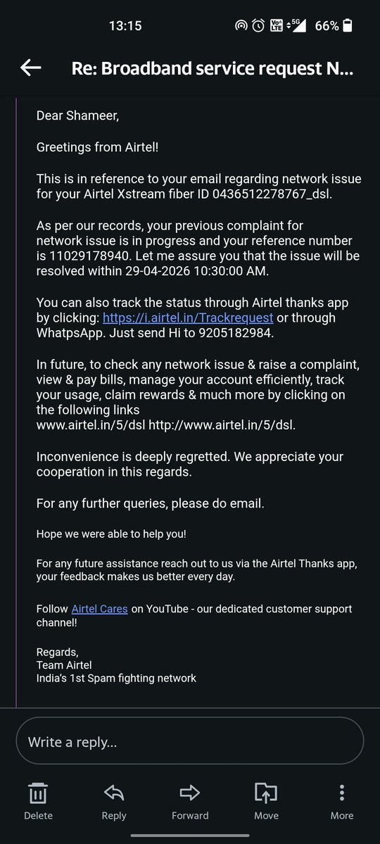 shameerpeace's tweet image. @airtelindia 

No proper update from the team for my Wi-Fi issue at home , raised multiple complaints and sent many mails, I have got reply that technician will visit today , tomorrow but there is no call , no update regarding the service.
#airtel
#wifiissues
#airtelxstreamfiber