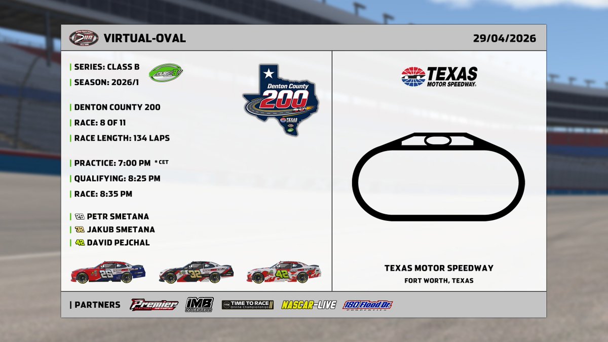 czechnascarteam's tweet image. The season in the Class B Series is in the full swing. The drivers had a two-week break before tonight's #nascar race held at Texas on #iRacing, where they're coming back with these cars after half a year. The length is set for the 134 laps. Our team will have a complete line-up.