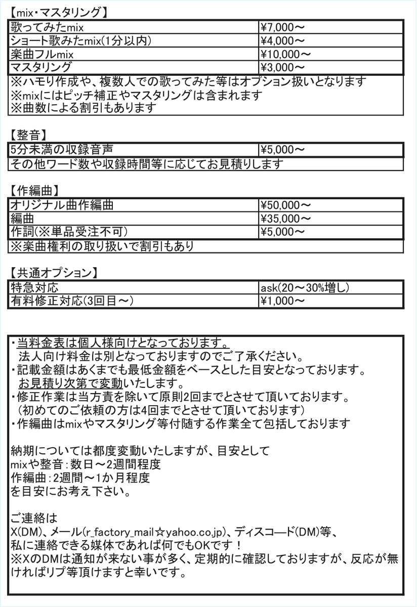 【依頼募集】
ありがたい事に、既に作編曲やmixのご依頼等いくつか頂戴しておりますが、GW中まだまだ手を動かせる枠あります！
ので、引き続き音のお仕事ください！
記載以外の物でもまずは気軽にご相談頂けると嬉しいです…！
僕に連絡取れればどこからでのご連絡でも大丈夫です！ 
#有償依頼