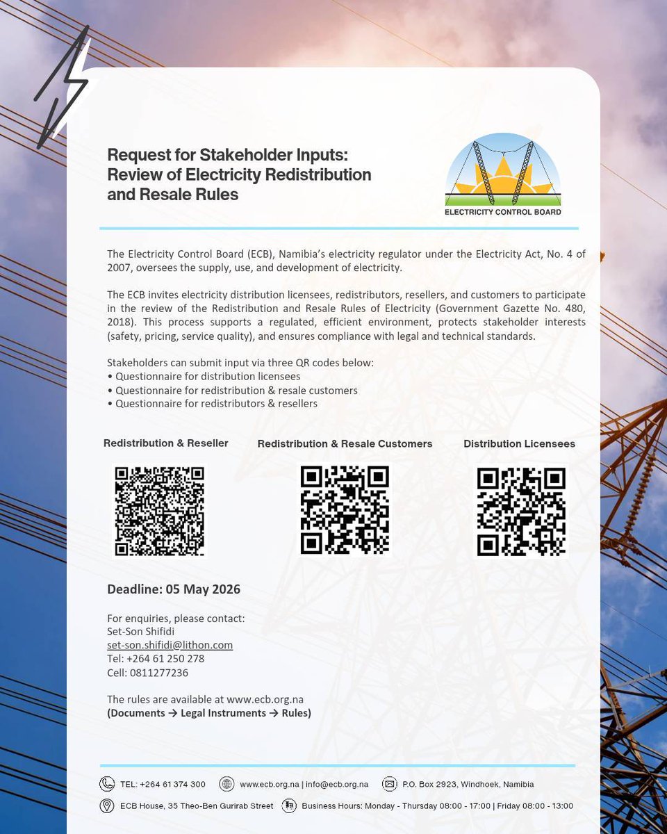 ecbnam's tweet photo. Dear esteemed stakeholders,

Share your input on the review of Electricity Redistribution &amp; Resale Rules. 

Use the QR codes provided. https://t.co/oWiqGZx5OG