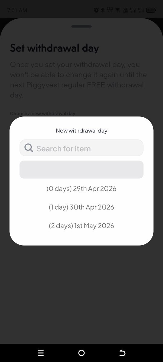 olak_2's tweet photo. @piggyvest how do I know my withdrawal date. From this image, i tried to set the withdrawal date but no changes after prompting to enter my PIN https://t.co/mOJZGOgGLB