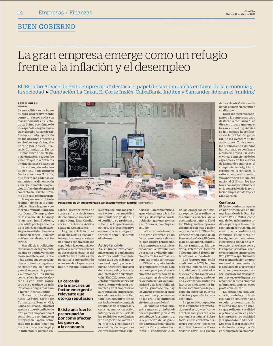 JDIAZCARDIEL's tweet image. Incertidumbre económica vs #confianza en las empresas con #reputación 
@FundlaCaixa @CriteriaCaixa @elcorteingles @caixabank @VidaCaixa @MartinezGistau @Inditex @bancosantander @AnaBotin @cellnextelecom @Marcomplan1 
Por @AdviceStrategic 2026 cincodias.elpais.com/companias/2026… @cincodiascom