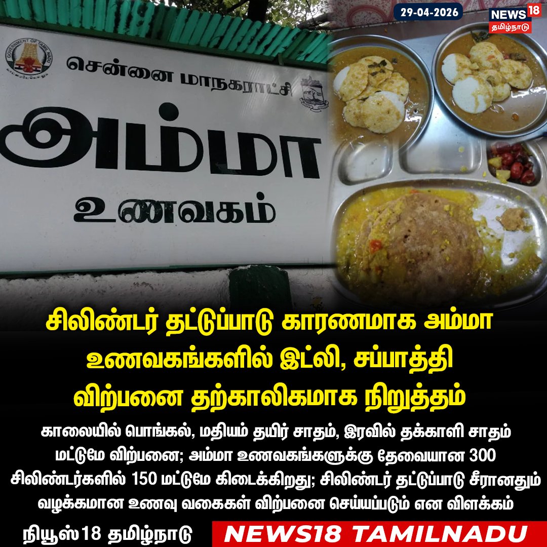 News18TamilNadu's tweet photo. #JUSTIN சிலிண்டர் தட்டுப்பாடு காரணமாக
அம்மா உணவகங்களில் இட்லி, சப்பாத்தி விற்பனை தற்காலிகமாக நிறுத்தம்
#CylinderScarcity #AmmaUnavagam #Idly #Chappathi #News18Tamilnadu | https://t.co/3v5L32pLWJ https://t.co/yXD01Ys9JV
