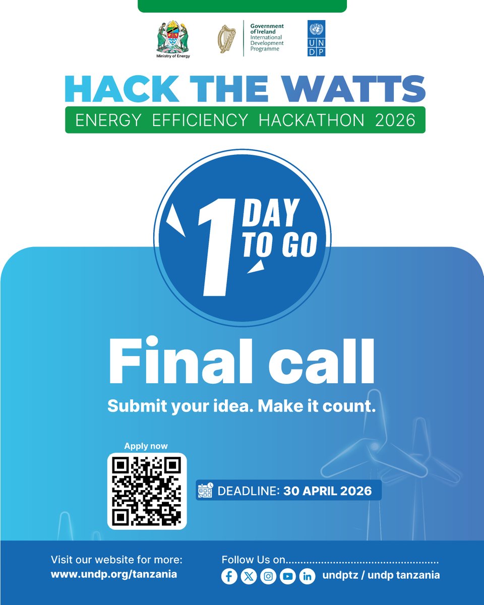undptz's tweet image. 🔊 Applications closing soon
Don’t miss it.
🔗 Apply now: forms.office.com/e/RW2WRJCu8k

#HackTheWatts #EnergyEfficiency