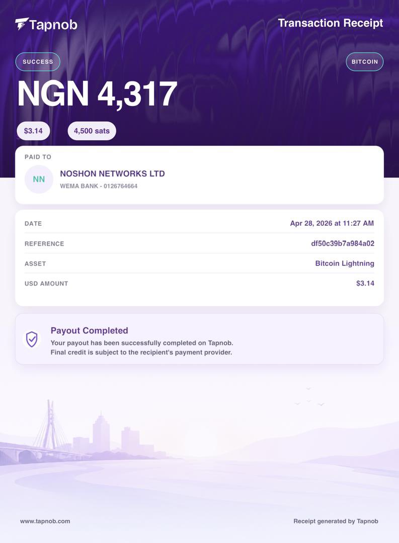 TapnobHQ's tweet photo. At Tapnob, every transaction tells a story.
The new receipt brings that story together.
Lekki–Ikoyi Link Bridge × Internet money.
https://t.co/Cn6RCemjmM https://t.co/re8bh8jBw2