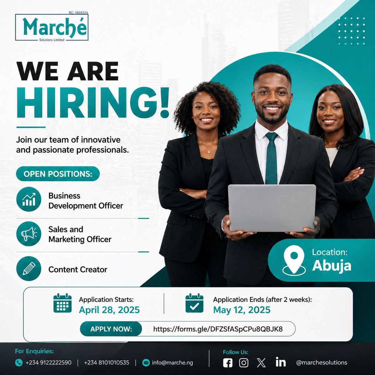 marchesolutions's tweet image. 🚨 We’re Hiring!

Ready to take the next step in your career? Join our team in Abuja.

Open roles:
•⁠  ⁠Business Development Officer
•⁠  ⁠Sales &amp;amp; Marketing Officer
•⁠  ⁠Content Creator

Apply now: forms.gle/DFZSfASpCPu8QB…

#NowHiring #AbujaJobs #CareerGrowth #JoinOurTeam