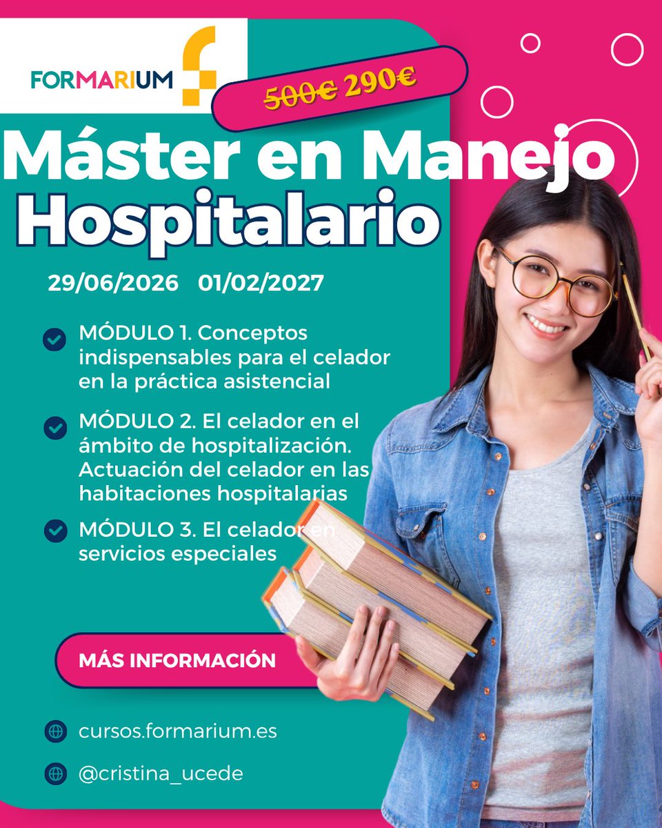 Formarium_'s tweet photo. ¿Opositas para celador? 🏥 
Suma puntos en tu bolsa con nuestro Máster en Manejo Hospitalario: 📚 60 Créditos ECTS (1500h) - Baremable. 💻 100% Online. 
🎓 Acreditado por UCAV a BAC Formación. 
🔥 ¡OFERTA: 290€ (antes 500€)!
👉 Toda la info aquí: https://t.co/Dhp65t0AWx https://t.co/rz5xDjwt8Q