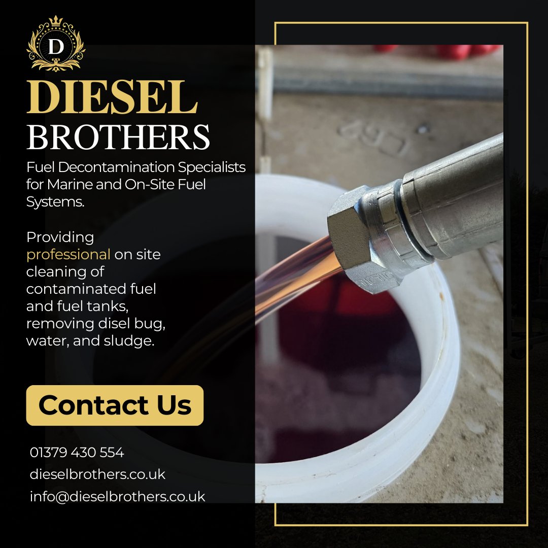 DieselBros_UK's tweet image. At #DieselBrothers, we provide #professional on-site cleaning of contaminated fuel and storage tanks, helping businesses restore #fuel quality.

If your fuel has been #contaminated, our team can help.
📞: 01379 430 554
📧: info@dieselbrothers.co.uk
🌐: dieselbrothers.co.uk